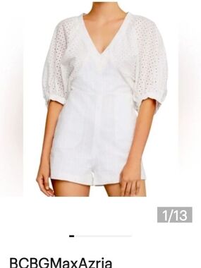 BCBGMaxAzria White Eyelet Puff-Sleeve V-Neck Romper